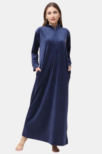 Buy Secret Wish Velvet Full Length Nighty - Navy Blue